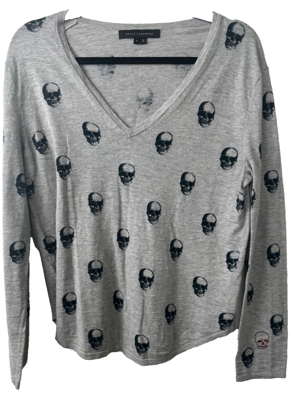 Skull Cashmere Sweater - Gray - Size S Vneck 100% Cotton Lightweight Goth D31